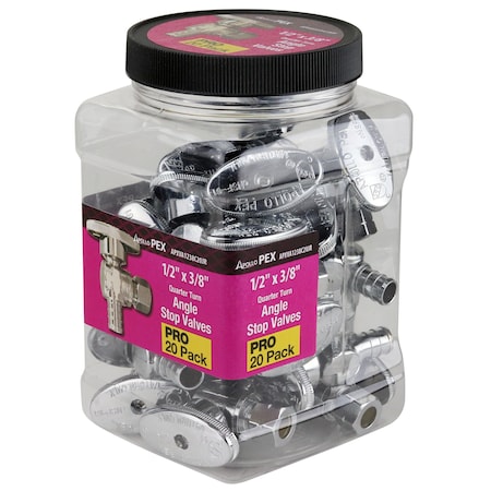 Apollo 1/2 in. PEX Barb x 3/8 in. Compression Brass Quarter-Turn Angle Stop Valve Jar, Chromed, 20PK APXVA1238C20JR